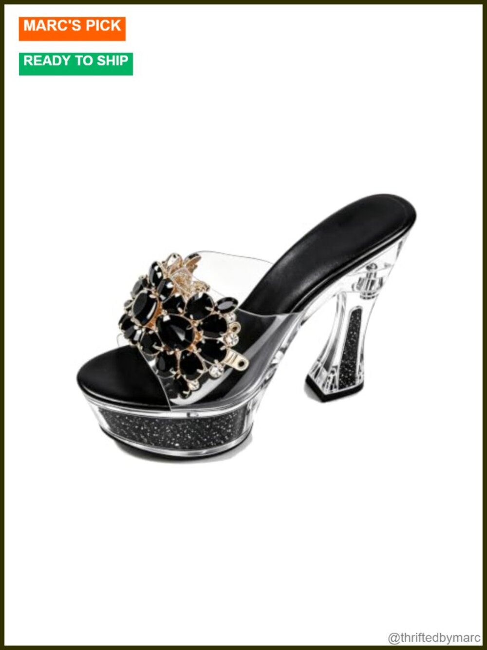 Clear Platform Chunky Heel Sandals Rhinestone Flower Peep Toe Block Heel